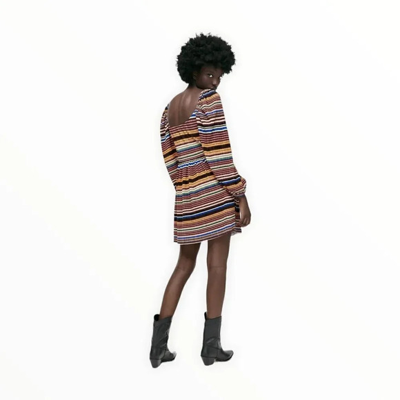 ZARA | Chocolate Brown | PRINTED PLEATED DRESS - Picture 5 of 10
